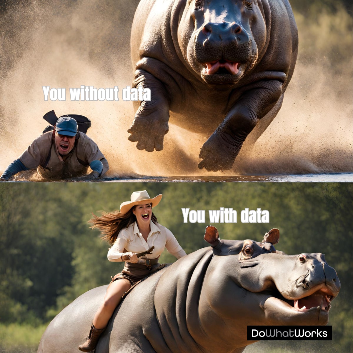 Meme contrasting a person fleeing a charging hippo, labelled you without data, with a person cheerfully riding one, labelled you with data