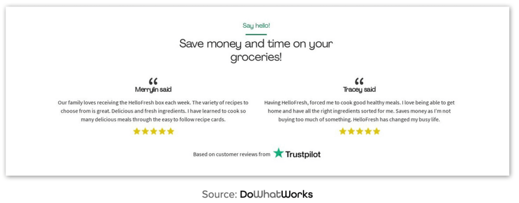 The HelloFresh control, showing two written customer testimonials with five star ratings and a Trustpilot mark