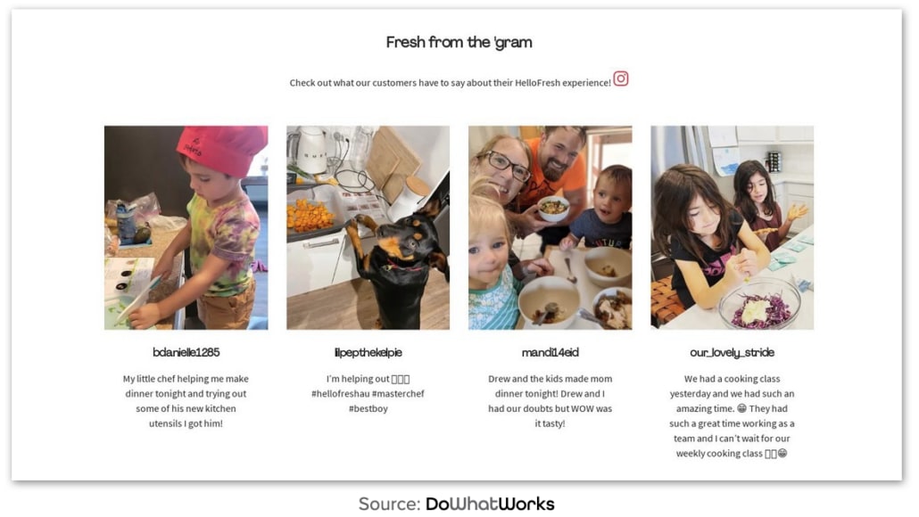 The second HelloFresh variant, a Fresh from the gram row of four Instagram photographs of families and children cooking