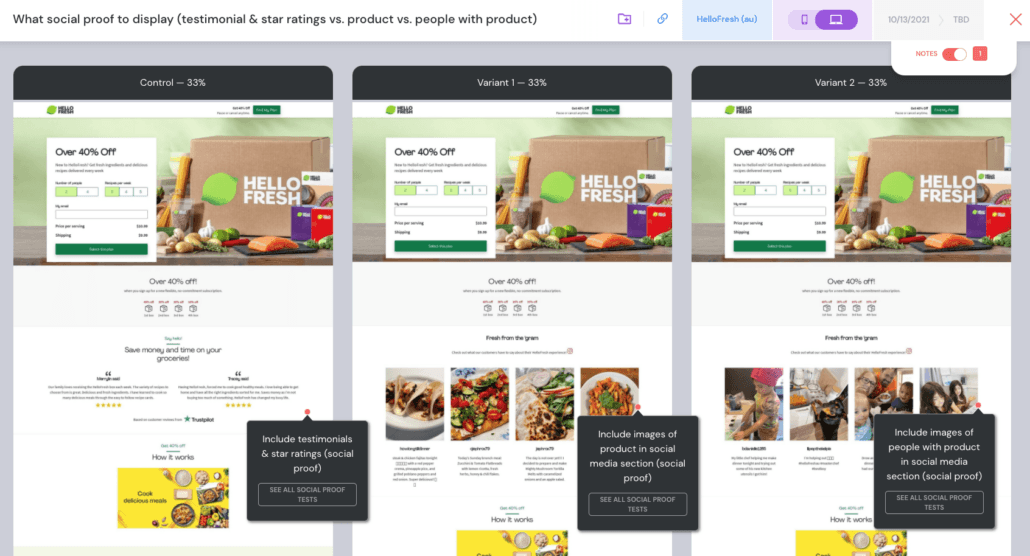 The DoWhatWorks view of the HelloFresh Australia three way test, comparing testimonials and star ratings against images of the product and images of people with the product